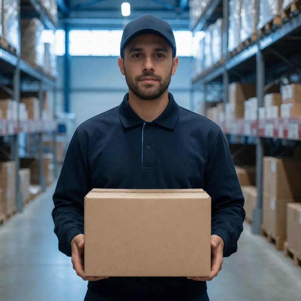 Mensajero transportando paquete en centro de distribución