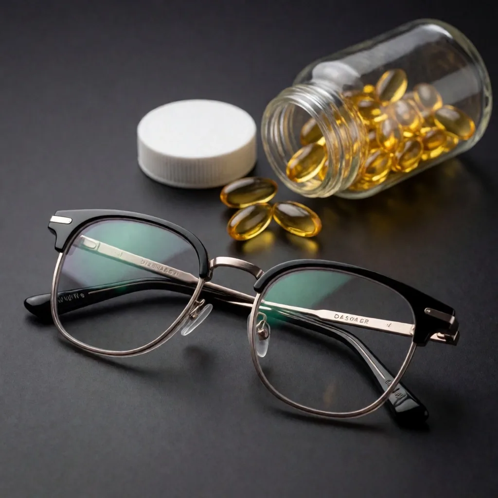 Gafas y suplementos oculares sobre superficie oscura
